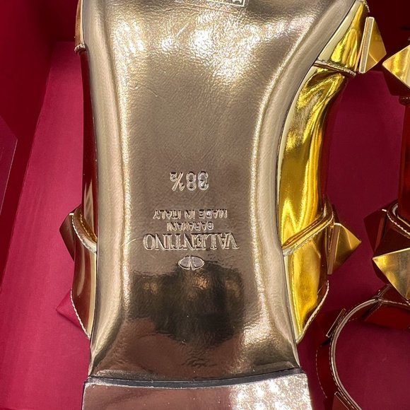 Valentino Garavani Roman Stud Metallic Gold Leather Ballerina Ankle-Strap Flats - Picture 8 of 10